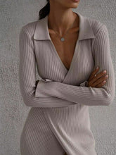 Tied Collared Neck Long Sleeve Sweater Dress OutfitFlow